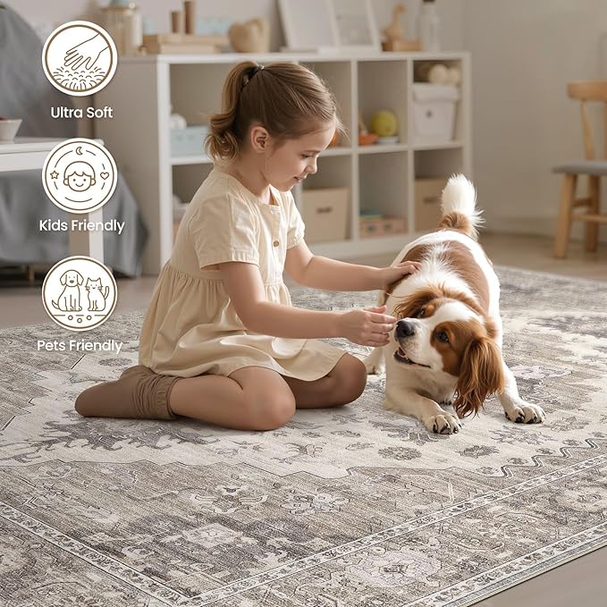 Washable Area Rugs for Living Room -6x9 Neutral Vintage Distressed Floral Farmhouse Boho Large Soft Floor Rug Indoor Non Slip Carpet for Living Room Bedroom Dining Room Office-Brown/Beige