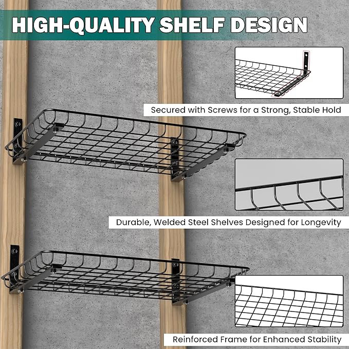 EVERHANGER Garage Wall Shelves 12x18 Inch, Wall Mounted Storage Shelf, Metal Shelf Rack, Heavy-Duty Shelf Organizer 2 Pack, Black