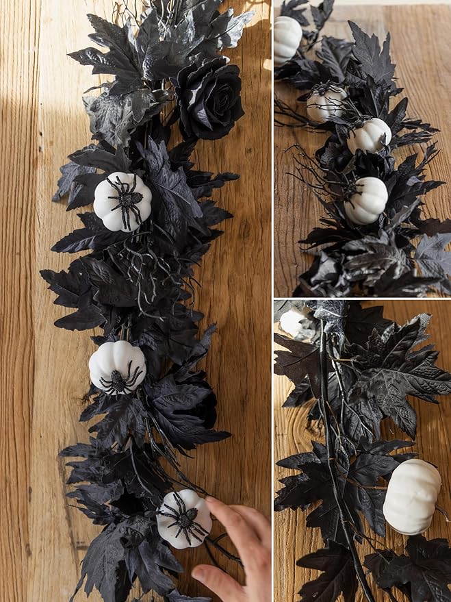 MISSPIN 6FT Black Maples Leaf Garland, Halloween Fall Leaf Garland Artificial Hanging Black Maple Autumn Vine Fall Decor Maple Thanksgiving Halloween Home Decor