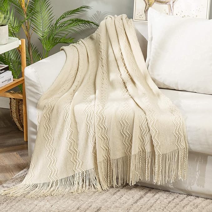 MIULEE Knitted Beige Throw Blanket Soft Sofa Knit Blanket for Couch 50 x 60 Inches, Solid Cozy Lightweight Wave Pattern Decorative Blankets with Tassels for Women, Kids and Babys