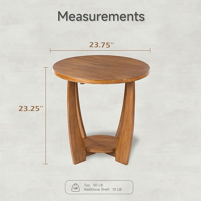 Rustic Farmhouse End Table with Storage Shelf, French Country Accent Side for Family, Dinning or Living Room, Small Spaces, Modern, Round, Vintage Caramel Brown Finish