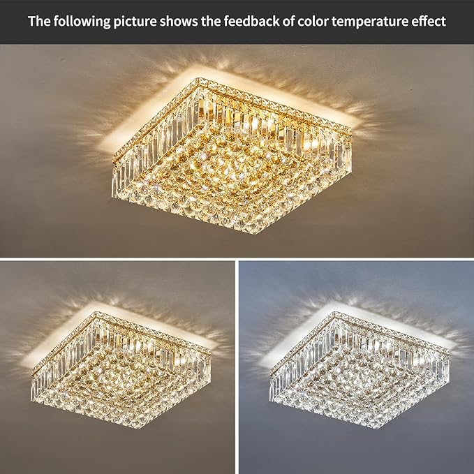 12-Lights Gold Crystal Flush Mount Ceiling Light Fixtures,Elegant Crystal Chandelier Pendant Ceiling Lamp for Bedroom,Living Room,Dining Room,Hallway H5.9 x W20 x L20 (Bulb Not Included) Square