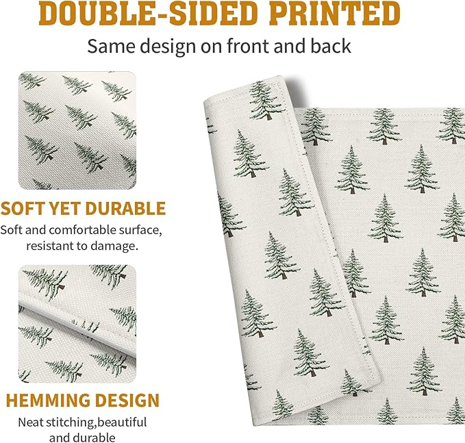 Pine Trees Christmas Placemats Set of 4 Xmas Tree Vintage Rustic Print Place Mats Winter Holiday Green White Farmhouse Linen Table Mats for Indoor Outdoor Kitchen Dining Party Decor
