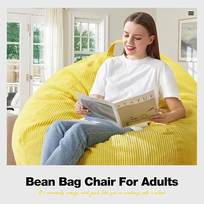 Hobestluk 4.5FT Bean Bag Chair Giant Bean Bag Chair with Filler Included Adult Bean Bag Chairs with Removable Cover for Bedroom Living Room - (Jumbo, Yellow)