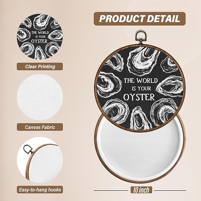 XBBMGG Black Vintage Oyster Wall Art Decor, Beach Nautical Round Wall Hanging Decor, Retro Ocean The World Is Your Oyster Framed Canvas Prints for Home Bedroom Living Room Decorations, 10x10inch