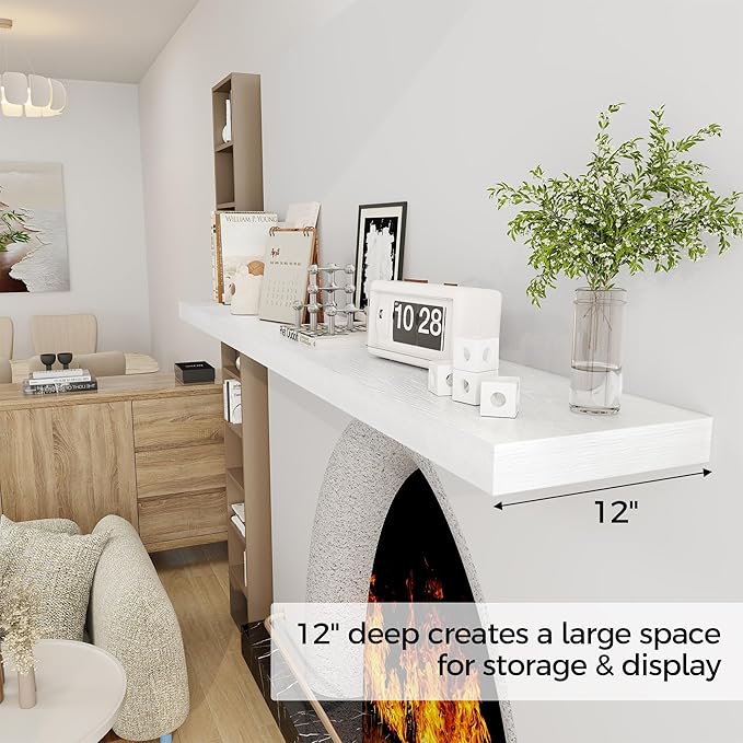 Fun Memories 72 Inch Floating Shelf, 12 Inch Deep Wall Shelf for Fireplace Mantel, Deep Storage Shelves for Home & Office, Wall Shelves with Invisible Bracket, White, Set of 1