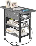 End Table with Charging Station, Flip Top Nightstand with USB Ports and Outlets,Couch Side Table with Fabric Bag and Hooks, Bedside Table for Space Saving, Living Room, Bedroom (Grey)