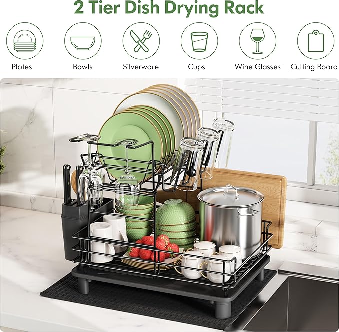 2 Tier Black Large Stainless Steel Dish Drainers Drying Rack for Kitchen Counter with Drainboard, Rust Proof Metal, Space Saving, Modern Aesthetic, Compact Plates Strainers with Extra Mat