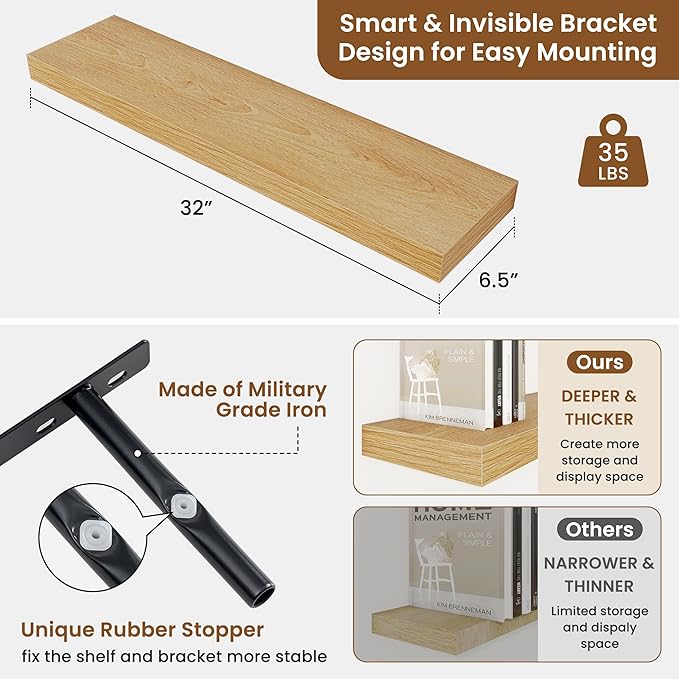 fuqing Floating Shelves for Wall, Bathroom Shelf Wall Mounted for Storage, Shelves with Invisible Bracket for Bedroom, Kitchen, Living Room, Farmhouse Small Book Shelf, 32 Inch Set of 2, Oak