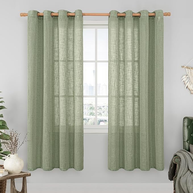 LAMIT Sage Green Linen Curtains 78 Inches for Living Room, Bronze Grommet Linen Textured Farmhouse Curtains Light Filtering Drapes for Bedroom/Dining Room, Set of 2, 52 x 78 Inch