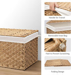 Wicker Storage Basket with Lid, 27.7 Gallon (105L) Large Blanket Basket with Lid, Woven Storage Bin with Handles, Removable Liner, Metal Frame, Foldable, for Bedroom, Laundry Room, Natural