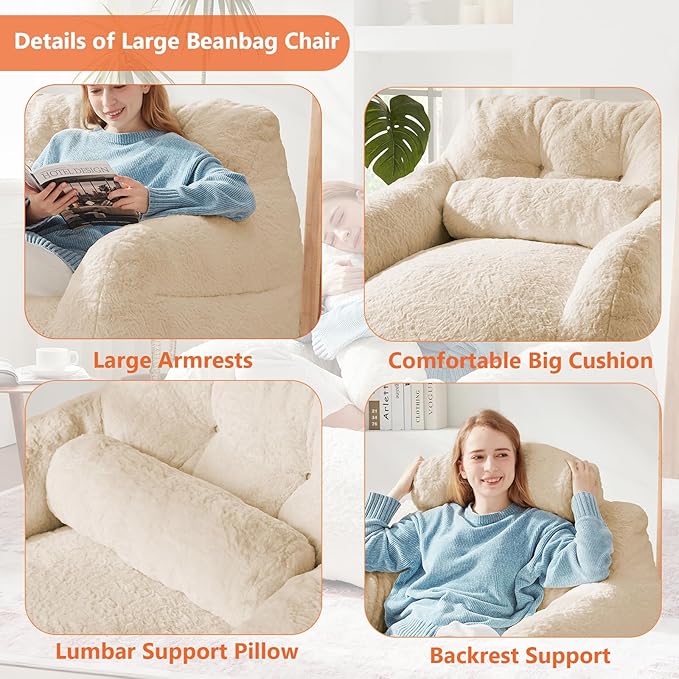 Bean Bag Chair for Adults with Pillow,Oversized Bean Bag Couch for Adults Chairs,Giant Lazy Couch Sofa Chairs with Filler,Large Reading Chair for Living Room Bedroom,Apricot