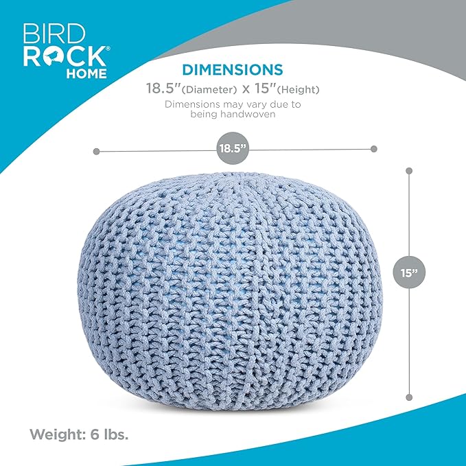 BIRDROCK HOME Round Pouf Ottoman | Cotton Braided Foot Stool with Bean Bag Filling | Boho Foot Rest for Living Room & Bedroom | Compact & Comfortable Seating, Lightweight & Soft | Soft Blue