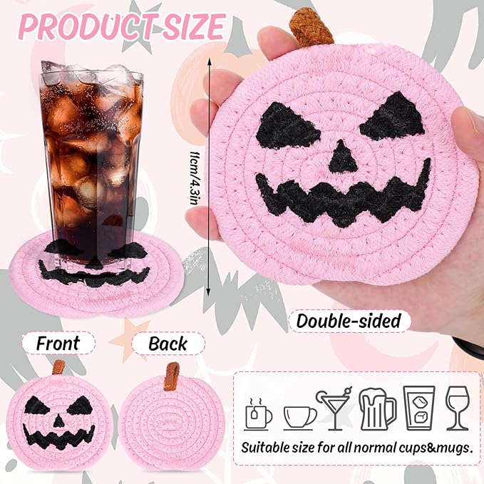 Whaline Halloween Pumpkin Cotton Coasters Pink Pumpkin Face Handmade Braided Drink Coasters Absorbent Cup Mats for Trick or Treat Party Home Table Decor, Set of 4