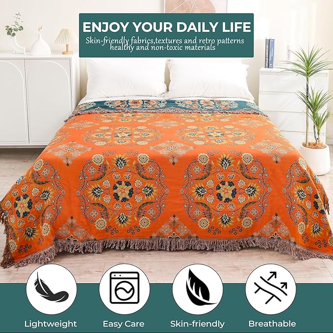 Throw Blanket for Couch Bed Chair,100% Cotton Soft Lightweight Blanket Rustic Quilt -Orange Floral Printed Farmhouse Decor Bed All Season Blankets,90"×98"