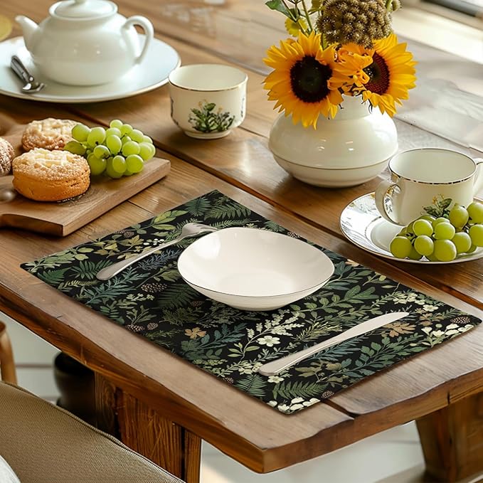 Black Sage Green Plant Placemats Set of 4 Vintage Botanic Fern Leaves Herb Floral Place Mats Rustic Farmhouse Linen Fabric Table Mats for Party Kitchen Dining Outdoor Indoor Decor