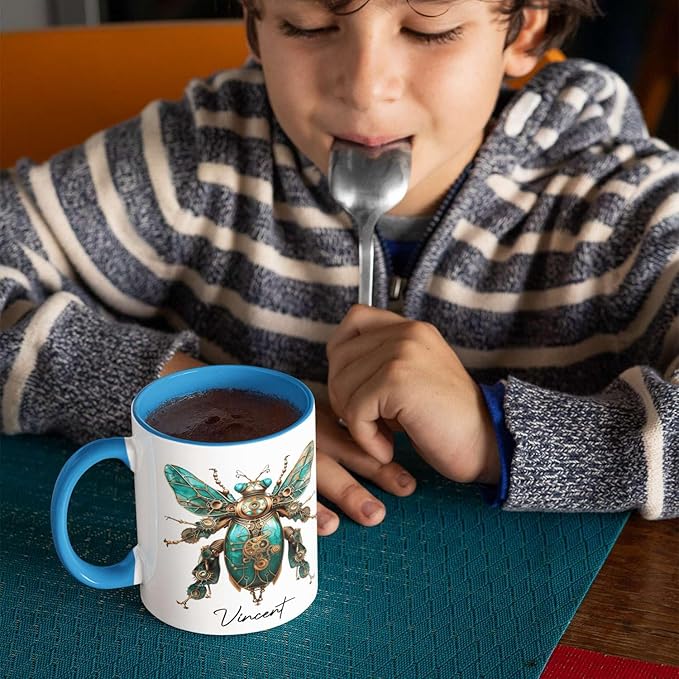 Unique Mechanical Insect Art Ceramic Cup, Personalized Steampunk Beetle Design Coffee Mug 11oz, Custom Name White Mug For Science Fiction Enthusiasts, Customized Insect Ceramic Mug