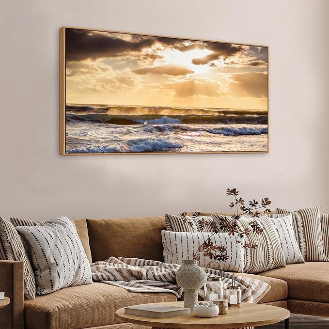 Framed Sunset Ocean Wall Art - Canvas Wall Decor Glow Sea Scene Nature Landscape Prints Sunset Over the Ocean Painting Artwork Living Room Bedroom Office Home 24" x 48"
