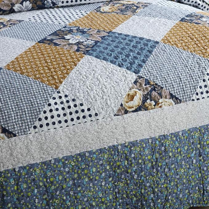 NEWLAKE Quilt Bedspread Sets-Checkered Floral Reversible Coverlet Set,Queen Size