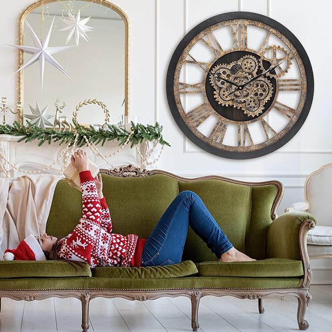 HOIBAI Large Wall Clock, Wall Clocks for Living Room Decor 20 Inch Farmhouse Vintage Rustic Kitchen Wall Decor Vintage Roman Oversized Wall Clock for Home Bedroom House Office, Moving Gears Clock