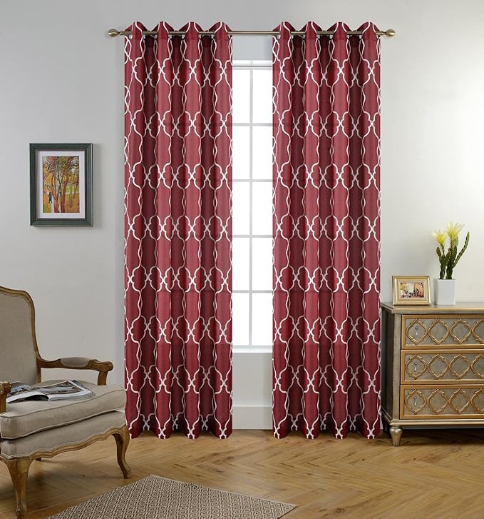 MIUCO Moroccan Embroidery Semi Sheer Curtain Panels Faux Linen Grommet Curtains for Kids Room 52 x 95 Inch 2 Panels, Burgundy