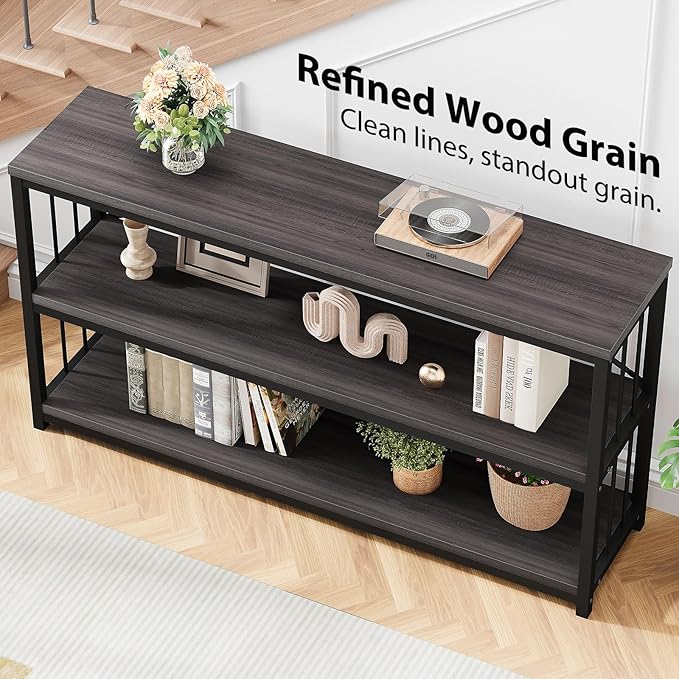 LVB Industrial Console Table, Metal and Wood Sofa Table, Rustic Entryway Table with Storage, Modern 3 Tier Shelf Long Foyer Tables Behind Couch for Home Living Room Hallway, Dark Gray Oak, 55 Inch