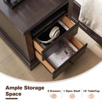 T4TREAM Nightstand with Charging Station, 18 Inch Vintage End Table with 2 Drawers for Living Room, Wood Rustic Sofa Side Table with Open Storage Shelf for Bedroom, Espresso