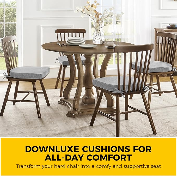 downluxe Indoor Chair Cushions for Dining Chairs, Soft and Comfortable Textured Foam Kitchen Chair Pads with Ties and Non-Slip Backing, 16" x 16" x 2", Light Grey, 2 Pack