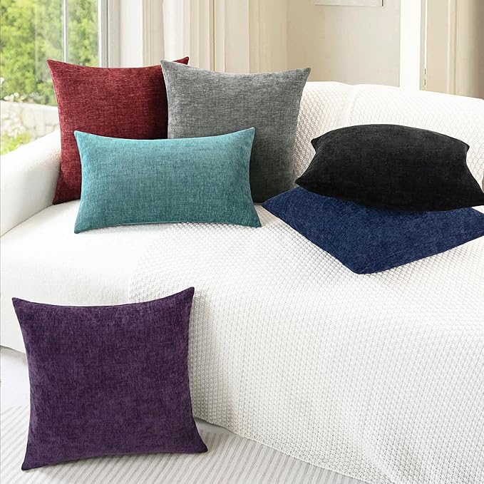 CaliTime Throw Pillow Covers Decorative 24 X 24 Inches Pack of 2 Cozy Chenille Cushion Cases for Couch Sofa Bed Living Room Home Plum Purple