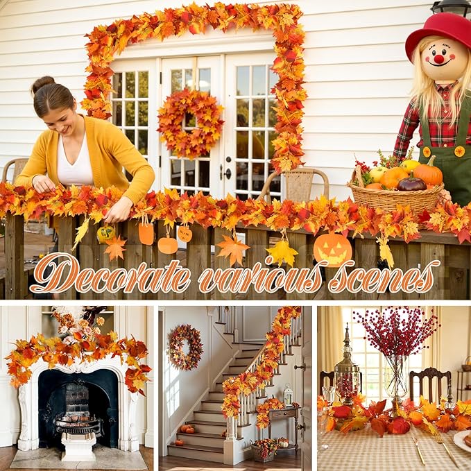 Joyhalo 2 Pack Fall Leaves Garland Indoor Outdoor Fall Decor,Hanging Maple Leaves Garland for Mantle, Door Frame,Fireplace and Thanksgiving Decor