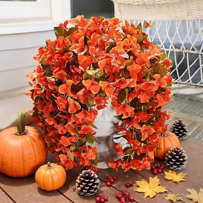 Bougainvillea Artificial Flowers Plants for Outdoors Outside Fall Autumn Decor, 2 pcs Faux Silk Long Trailing Vines UV Resistant Look Real Orange Fake Flowers for Front Door Porch Planter Urn Patio