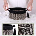 Decorative Small Gift Basket Empty – SweetMemo Cute Woven Rope Organizer Baskets for Desk, Bedside, Bathroom, Key, Round Boho Decor Cotton Bin with tassel, Gift Bag, Ribbon – Rustic Black Brown