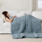 WESHIONGOO Chunky Knit Blanket Throw 50"×60" Knitted Throw Blankets for Couch Bed Fluffy Soft Blanket with Jumbo Chenille Yarn Thick 100% Handmade(Dusty Blue)