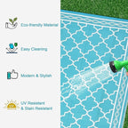 GAOMON Outdoor Rug Waterproof 8'x10', Reversible Outdoor Plastic Straw Rug, Boho Patio Rug, Indoor Outdoor Carpet, RV Mat Outside for Patio, Camp, Picnic, Balcony, Deck, Teal/White(Geometric)