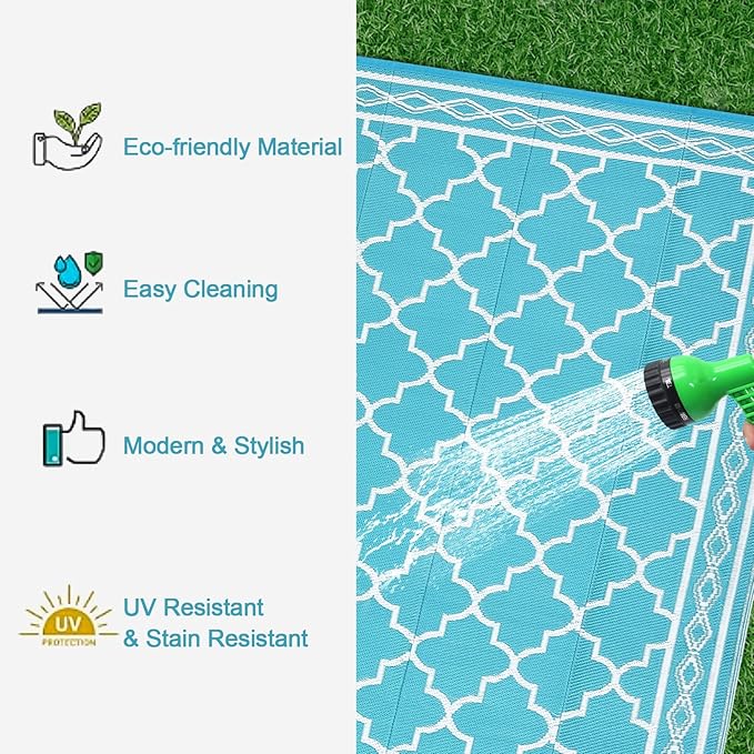 GAOMON Outdoor Rug Waterproof 8'x10', Reversible Outdoor Plastic Straw Rug, Boho Patio Rug, Indoor Outdoor Carpet, RV Mat Outside for Patio, Camp, Picnic, Balcony, Deck, Teal/White(Geometric)