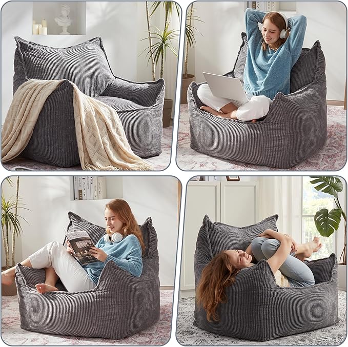 Giant Bean Bag Chair Sofa for Adults Teens, Comfy Corduroy Large Bean Bag Chairs with Armrests for Bedroom Living Room, Adult BeanBag Lazy Sofa Couch Chairs with Filler Included