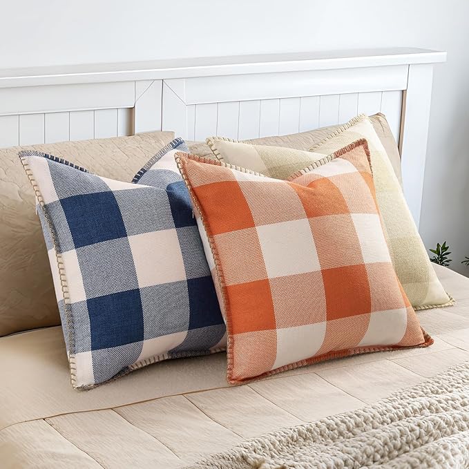 decorUhome Buffalo Plaid Check Fall Throw Pillow Covers 12x20 Set of 2, Outdoor Lumbar Decorative Farmhouse Pillow Covers with Stitched Edge for Bed Couch Sofa, Cream White and Beige