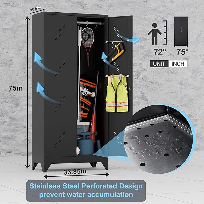 Metal Storage Cabinet with Lock Door, 75" Tall Garage Storage Cabinet with Hanging Rod, Broom Closet Bathroom Storage Cabinet, Cleaning Tool Cabinet