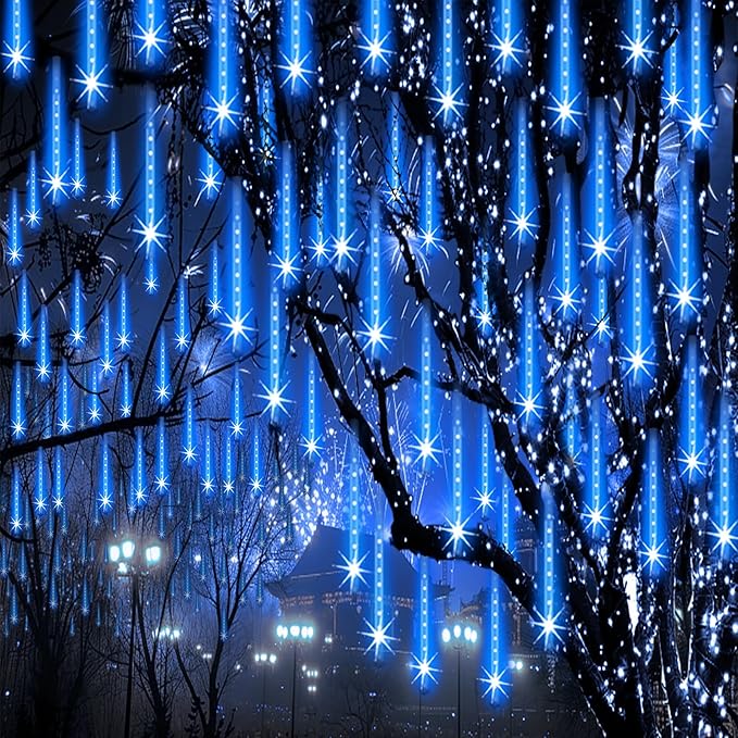 Christmas Lights Outdoor Meteor Shower Lights 24-Tube 576LEDs Snow Falling Rain Cascading Icicle Light for Xmas Tree Christmas Decorations Wedding Party Holiday Garden Decor, UL Plug Blue