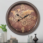 CLXEAST 24 Inch Large Wall Clock with Moving Gears, Industrial Clocks with World Map Dial, Oversized Cool Wall Clock for Living Room Decor,Oil Rubbed Bronze Brown