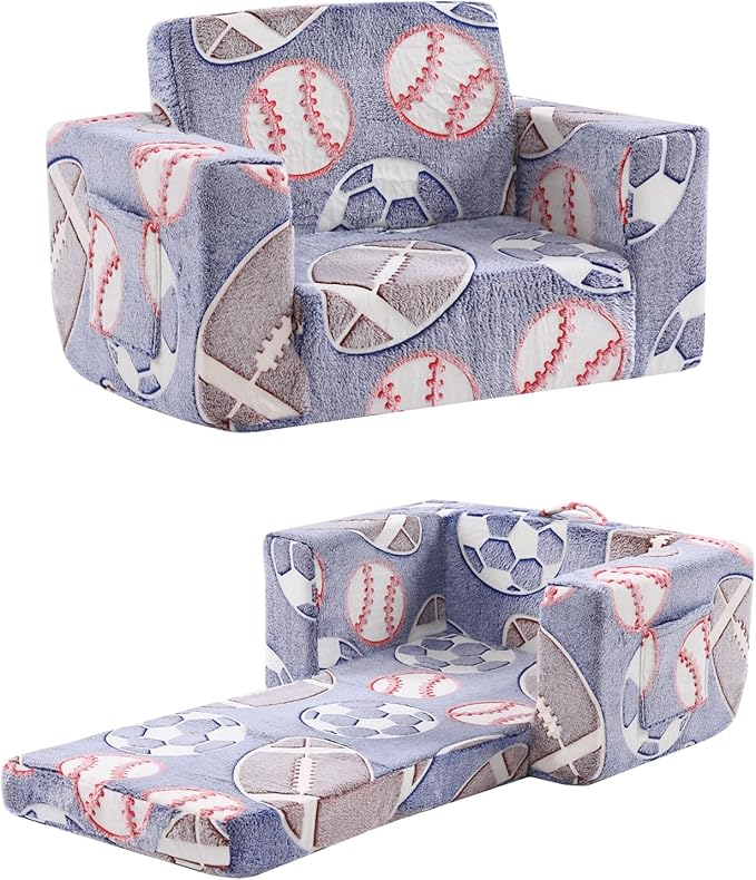 Toddler Chair Kids Couch, 2-in-1 Toddler Soft Sherpa Couch Fold Out Armchair Glow in The Dark with Removable Cover, Convertible Reading Chair Toddler Sofa for Kids, Football