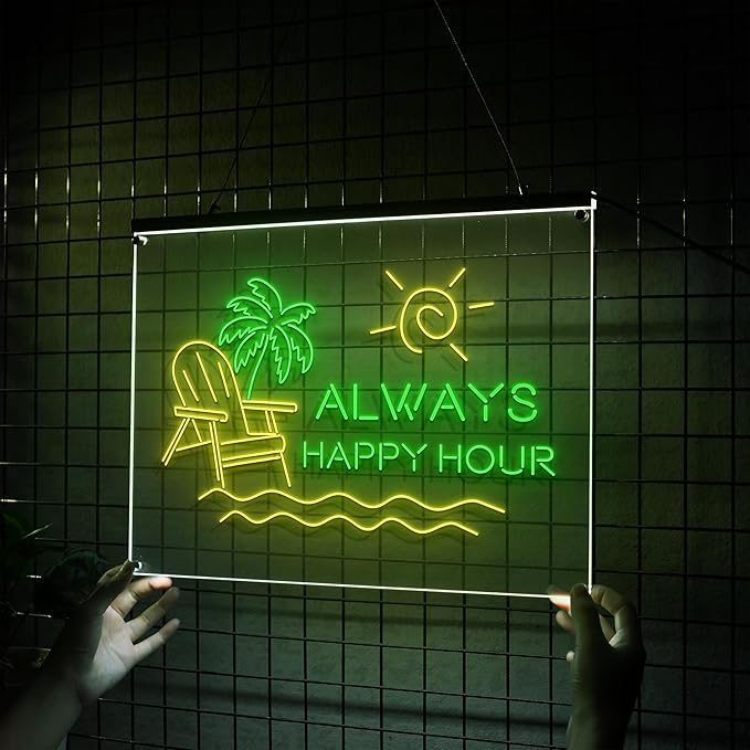 LIGHT UP LUXE Always Happy Hour Neon Sign, Bar Sign for Home Bar, Palm Tree  & Sun Wall Decor, Summer Vibes Neon Light for Patio and  Poolside