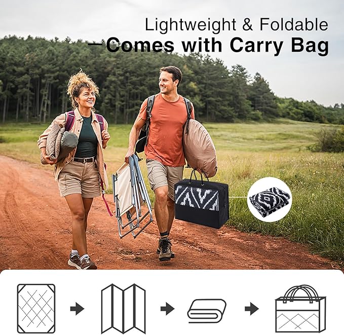 OLANLY Outdoor Rug 5x8 ft Waterproof, Outdoor Plastic Straw Rug with Geometric Pattern Clearance, Reversible RV Mat for Patio, Camping, Balcony, Deck, Backyard, Black & White