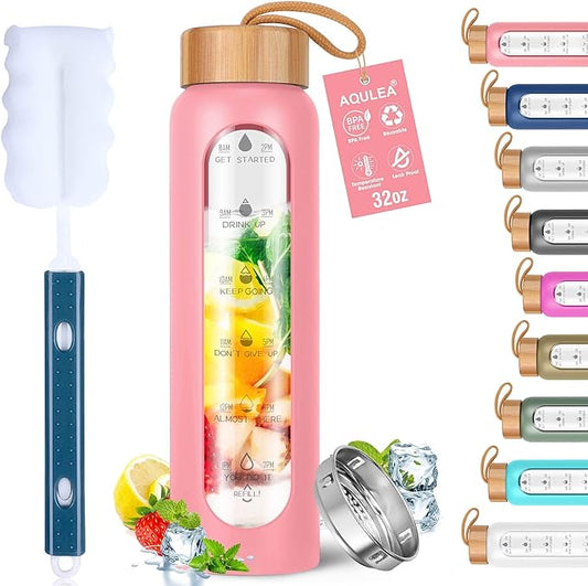 Aqulea Glass Water Bottles 32 Oz with Silicone Sleeve - BPA Free Reusable Wide Mouth Glass Motivational Water Bottles with Fruit Infuser – Leak Proof Borosilicate Water Bottle with Time Marker (Pink)