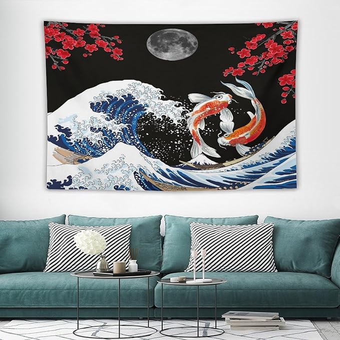 Houselerax Japanese Koi Fish Tapestry, Yin Yang Big Wave Red Cherry Blossom Tapestries Wall Hanging for Bedroom Living Room Office Decor 60"x40"