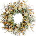 idyllic 20 Inches Spring Summer Front Door Wreath, Yellow and White Daisies Flowers, Ear of Wheat, Green Leaves Wreath for Front Door