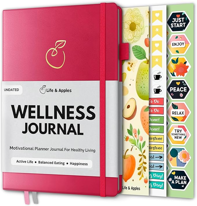 Life & Apples Wellness Journal Planner – Food Log, Fitness Tracker, Habit Tracker, Weight Loss Journal for Diet Tracking and Health Goals, Undated, Size A5 Berry