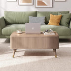 Lift Top Coffee Table with Storage Shelf & Hidden Compartment, Mid Century Modern Fluted Rectangle Dining Table for Living Room, Home Office, Natural Oak