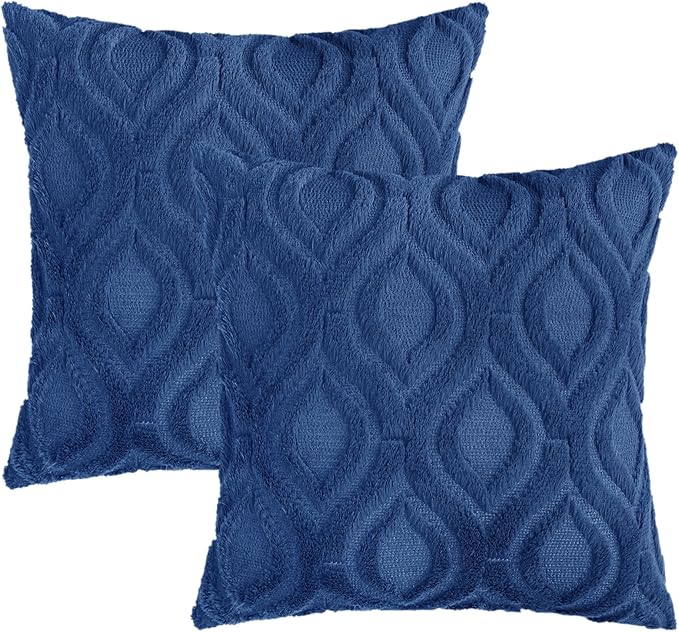 decorUhome Fall Throw Pillow Covers 22x22 Inch Set of 2, Soft Plush Decorative Faux Fur Dark Blue Solid Couch Pillow Covers, Accent Farmhouse Neutral Square Euro Pillow Cases for Sofa Bed Living Room