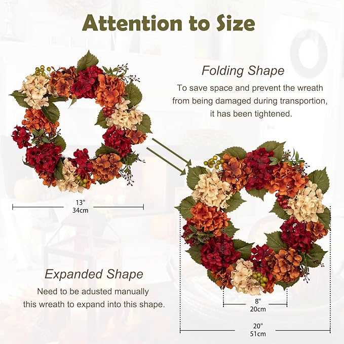 Fall Wreaths for Front Door, 20 inch Autumn Wreath with Hydrangeas Berries Fall Door Wreath Artificial Hydrangea Flowers Wreaths Autumn Decorations for Farmhouse Thanksgiving Harvest Door Wall Outside